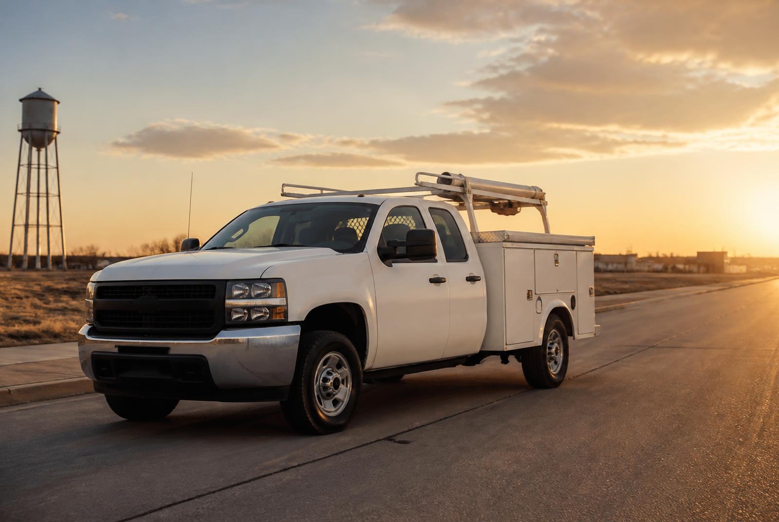 Doerfler Plumbing service truck on a West Texas road at sunset